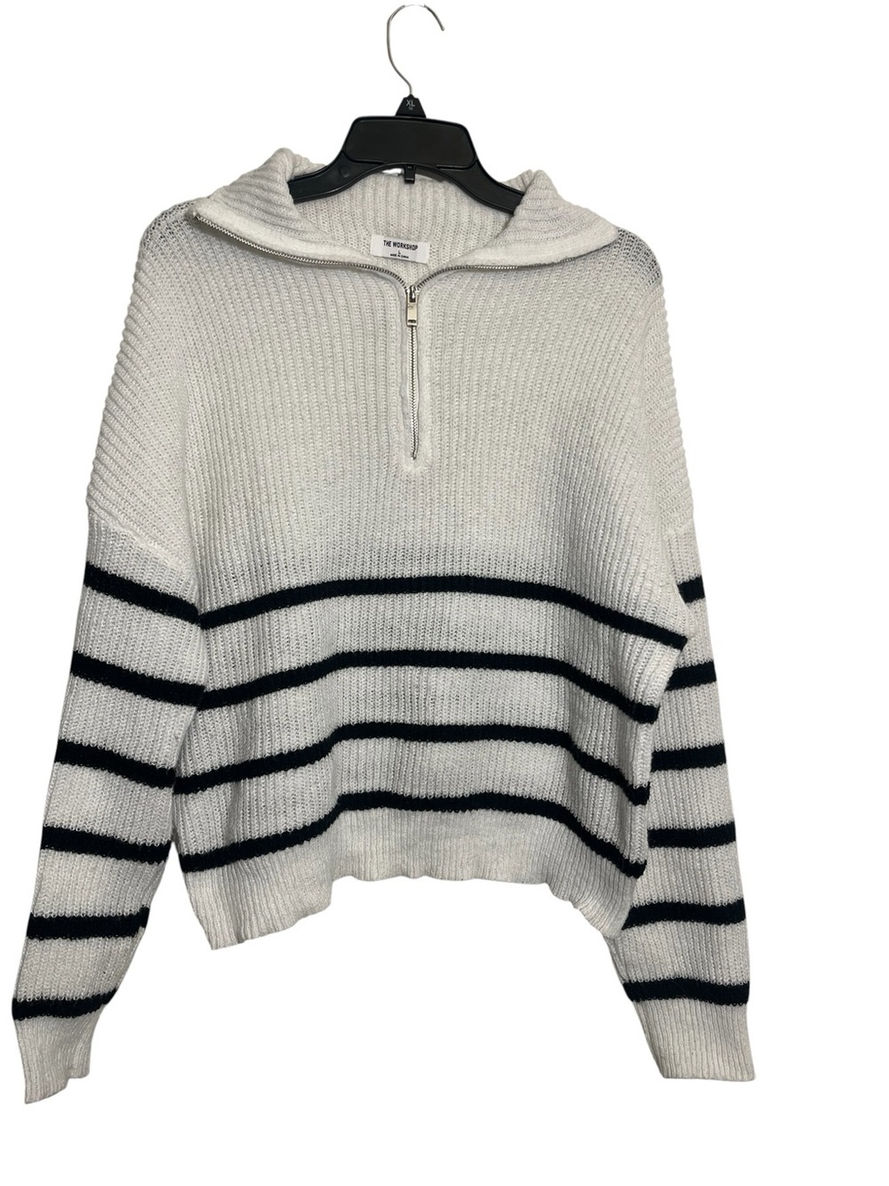 Workshop Republic Clothing White and Black Striped Half-Zip Sweater